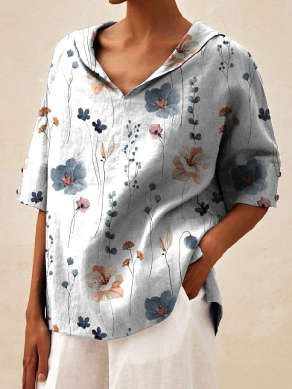 Kobiece Vintage Kwiatowe Wzory Casual V-neck Lniane Koszule