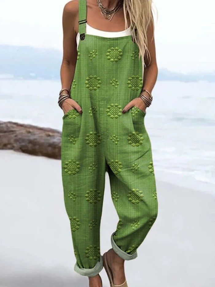 Damski Vintage Kwiatowy Wzór Sztuka Druk Casual Szerokie Nogi Len Kombinezon