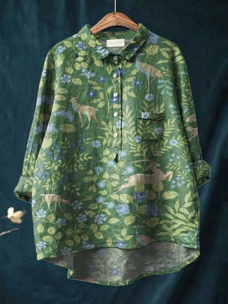 Kobieta Vintage Kwiatowe Zwierzęta Sztuka Druk Casual Koszula