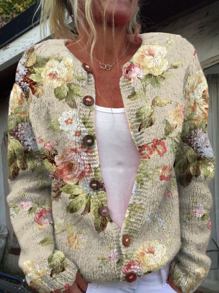 Retro Sweter Kardigan z Kwiatowym Wzorem