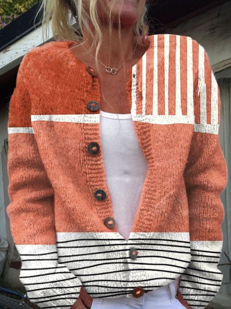 Retro Abstrakcyjna Sztuka Druk Casual Kardigan z Guzikami