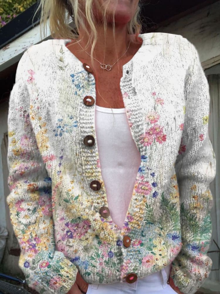 Sweter Kardigan z Przyciskiem w Stylu Vintage z Motywem Kwiatowym
