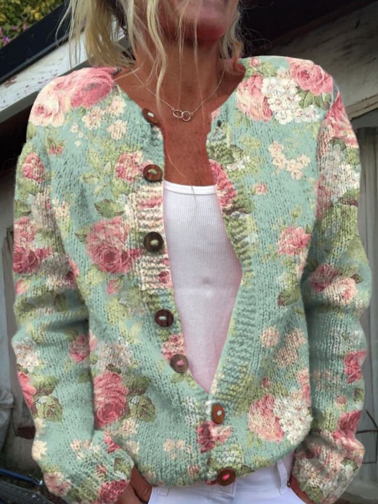 Sweter Kardigan z Retro Kwiatowym Wzorem z Guzikami