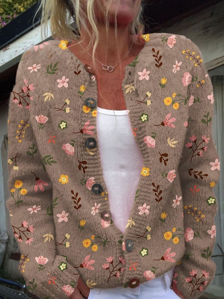 Sweter Kardigan z Kwiatowym Wzorem na Guziki