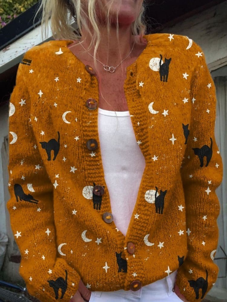 Sweter Kardigan z Motywem Czarnego Kota na Halloween