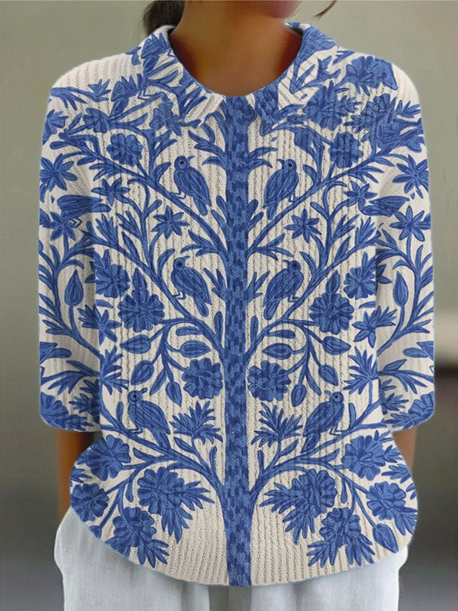 Women's Vintage Flower Art Print Casual Pullover Sweater
