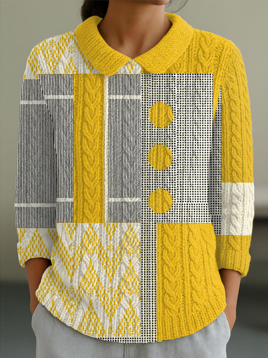 Women's Vintage Abstract Geometric Art Print Casual Peter Pan Collar 3/4 Sleeve Sweater