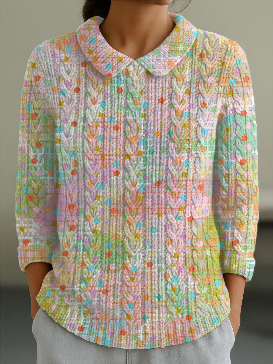 Women's Vintage Colorful Polka Dot Art Print  Casual Peter Pan Collar 3/4 Sleeve Sweater