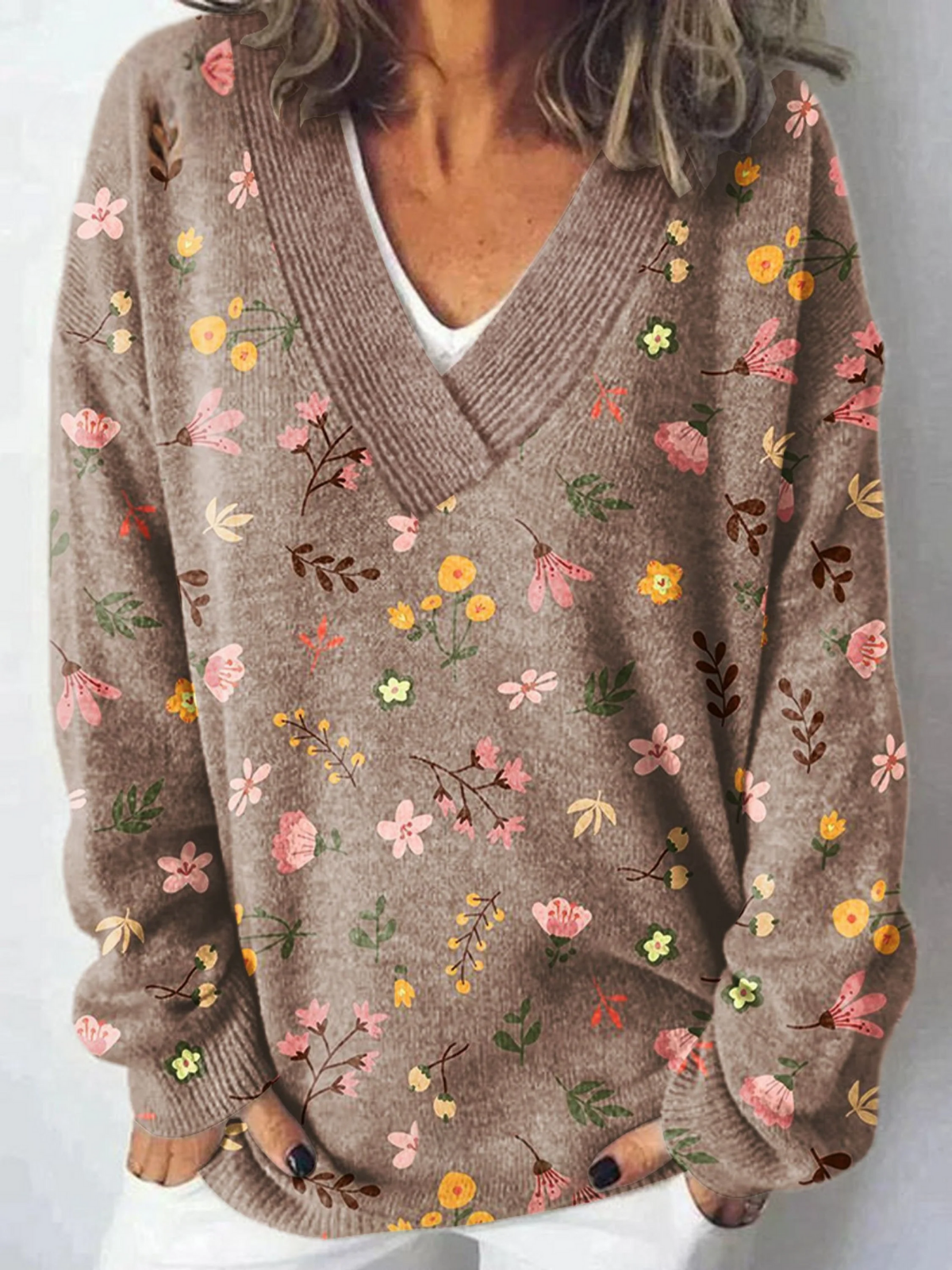 Sweter z nadrukiem kwiatowym, dzianinowy, z dekoltem w serek