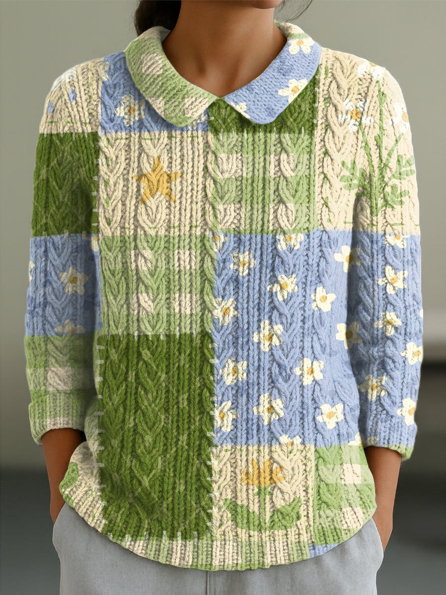 Women's Beautiful Colorful Floral Plaid Art Print Casual Peter Pan Collar 3/4 Sleeve Sweater