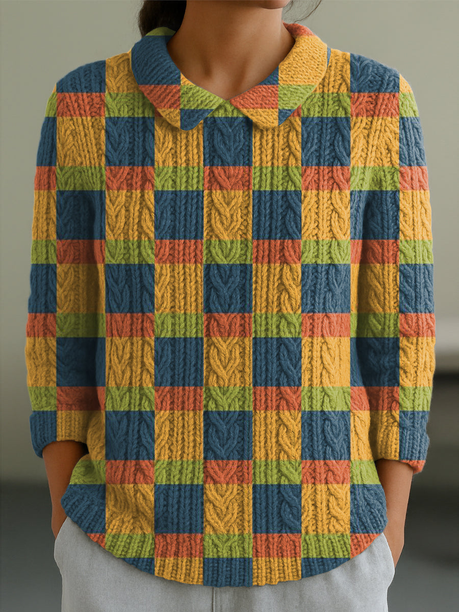 Women's Vintage Colorful Plaid Painting Art Print Casual Peter Pan Collar 3/4 Sleeve Sweater
