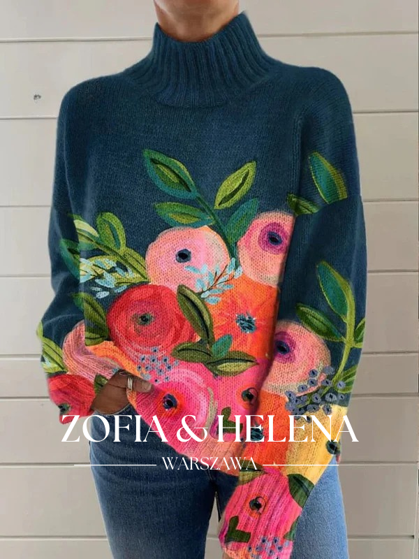 Retro Kwiatowy Wzór Dzianinowy Golf Sweter