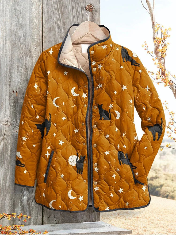 Czarna Kocica Halloween Print Casual Pikowana Kurtka