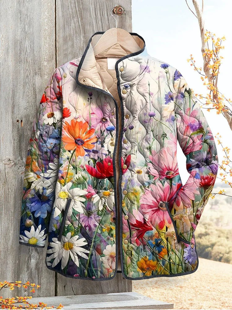 Kobiecą Vintage Urokliwą Kwiatową Sztukę Drukowaną Casual Pikowaną Kurtkę