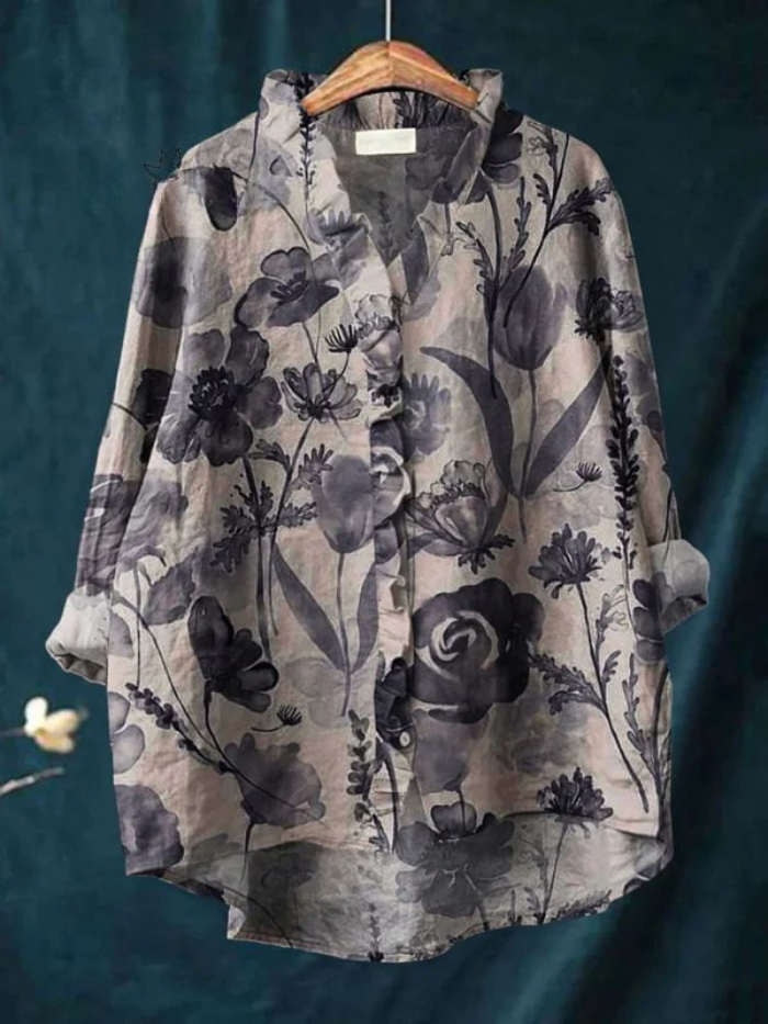 Koszula Ruffle z Kwiatowym Wzorem w Stylu Vintage dla Kobiet
