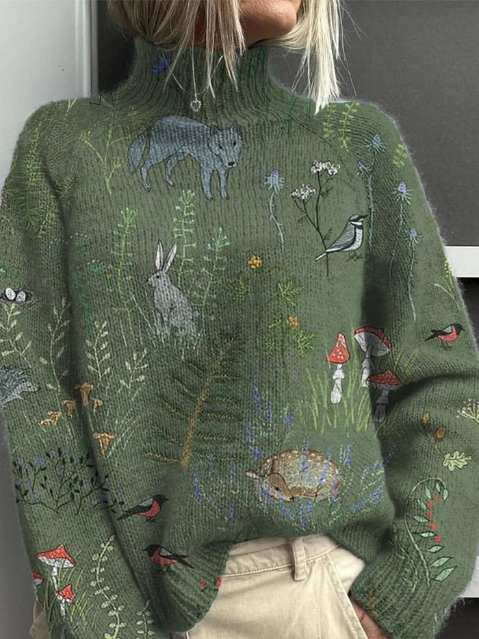 Sweter z nadrukiem leśnym i zwierzęcym z golfem