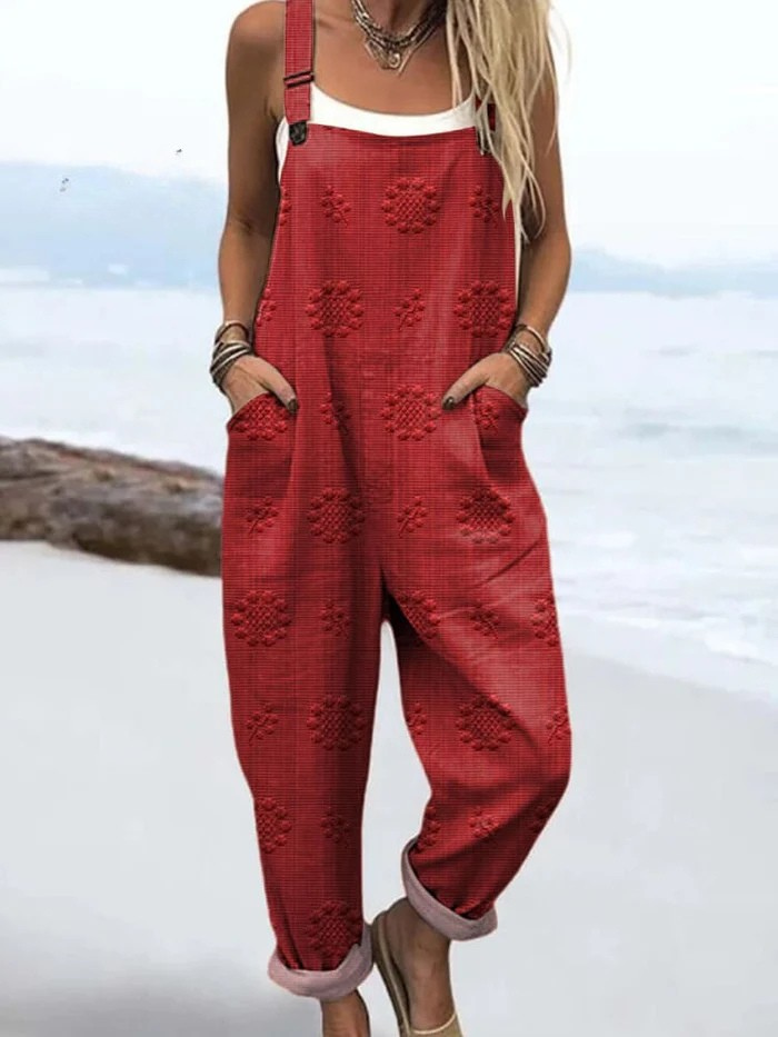 Damski Vintage Kwiatowy Wzór Sztuka Druk Casual Szerokie Nogi Len Kombinezon