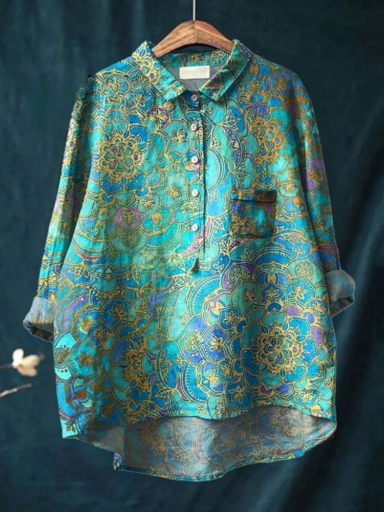 Koszula damska w stylu retro z nadrukiem, lniana, casualowa