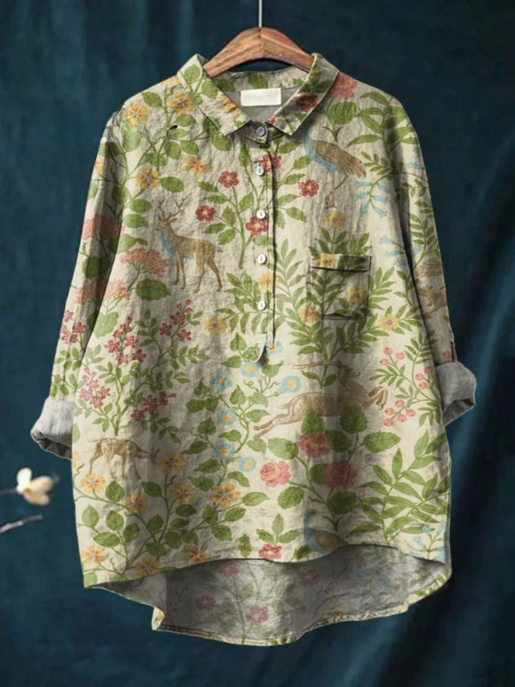 Kobieta Vintage Kwiatowe Zwierzęta Sztuka Druk Casual Koszula