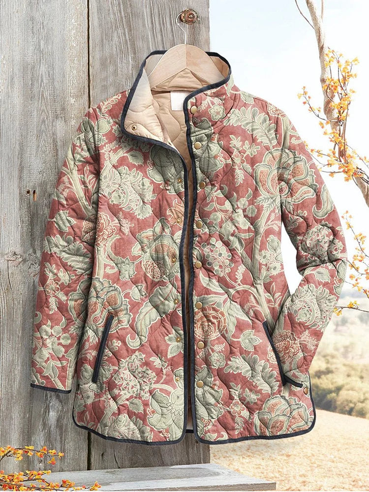 Kobiecą Vintage Kwiatowy Wzór Druk Casual Pikowana Kurtka