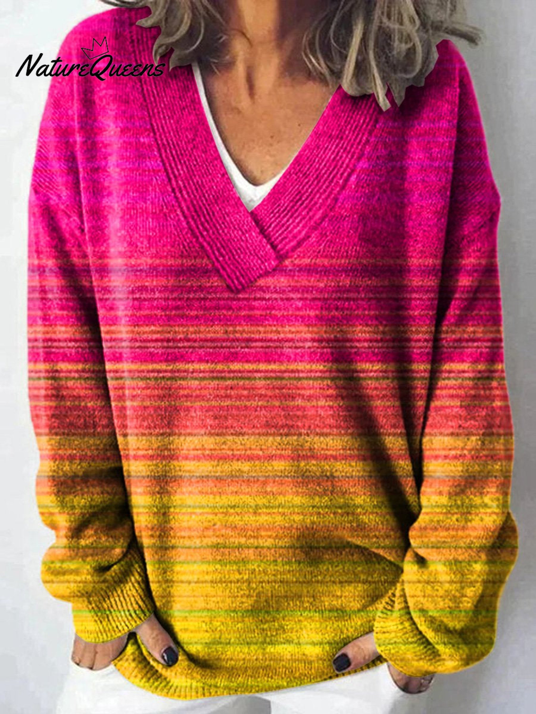 Kolorowy sweter z ombre, dzianinowy, z dekoltem w serek