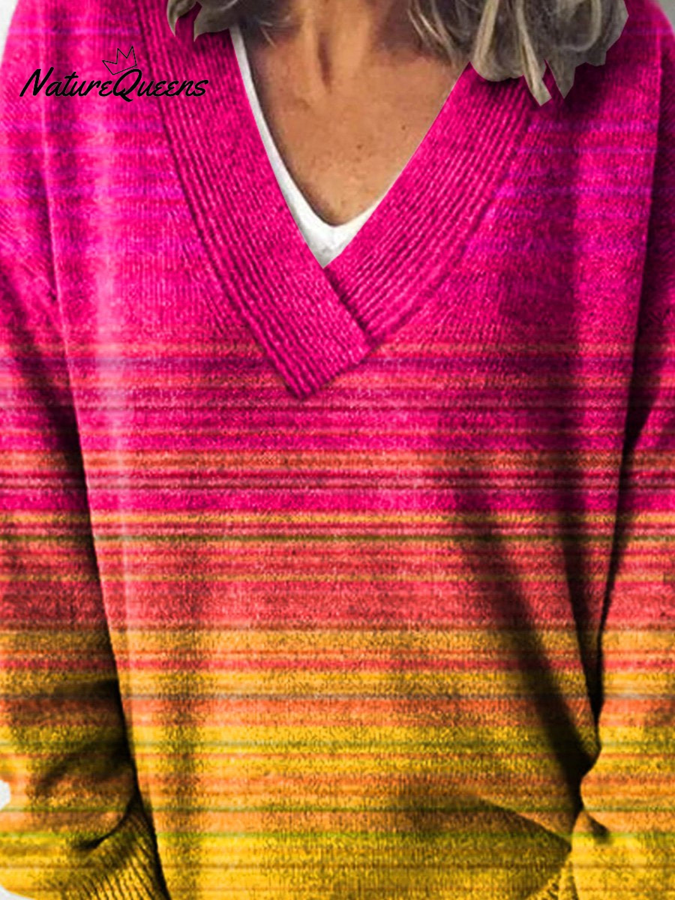 Kolorowy sweter z ombre, dzianinowy, z dekoltem w serek