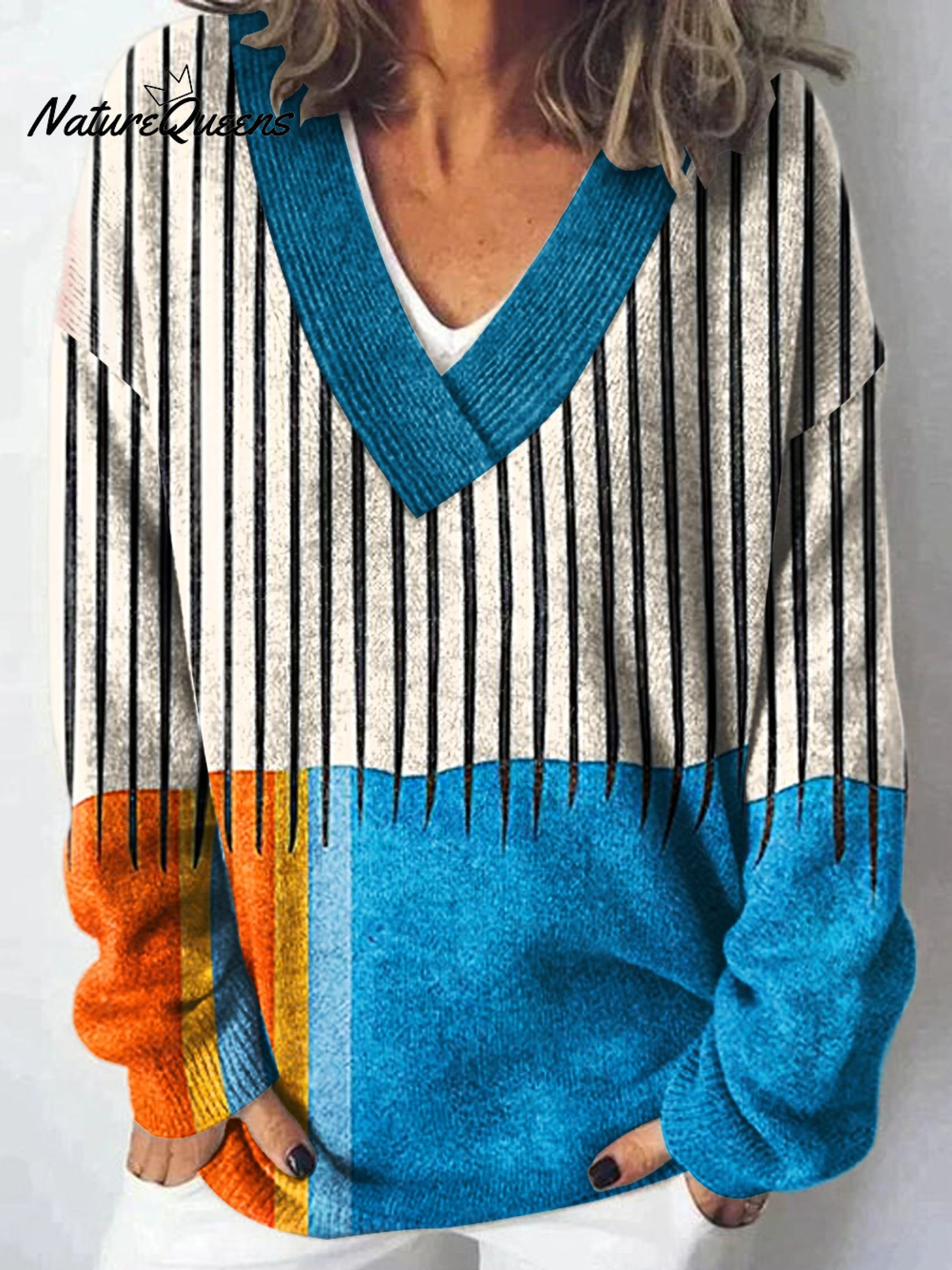 Minimalistyczna Sztuka Geometryczna w Abstrakcji - Sweter z V-dekoltem